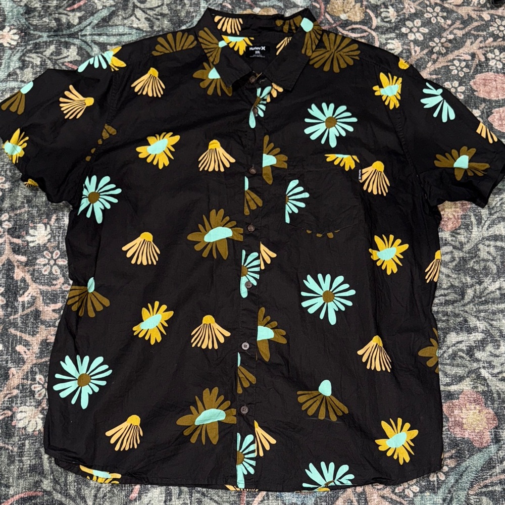 Hurley Black Shirt with Blue and Yellow Floral Design